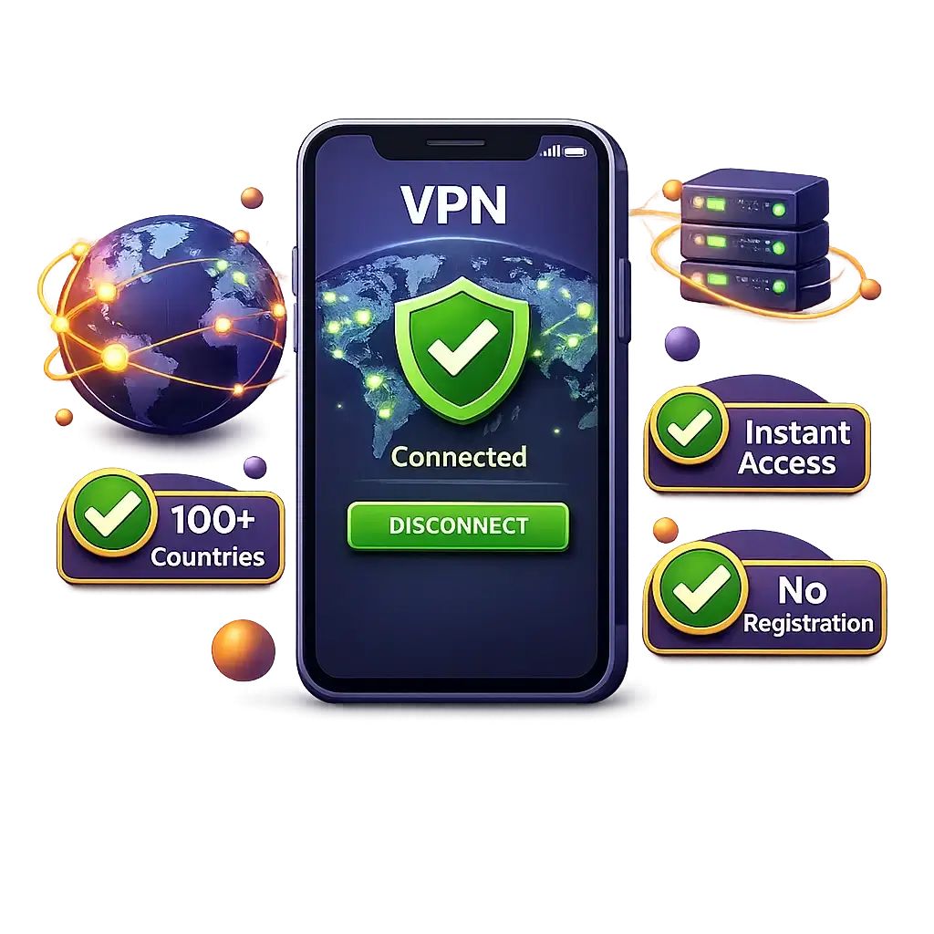 تطبيق Free Android VPN يعرض خريطة الخوادم العالمية مع اتصال فوري بدون تسجيل